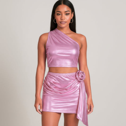 Metallic One-Shoulder Crop & Mini Set
