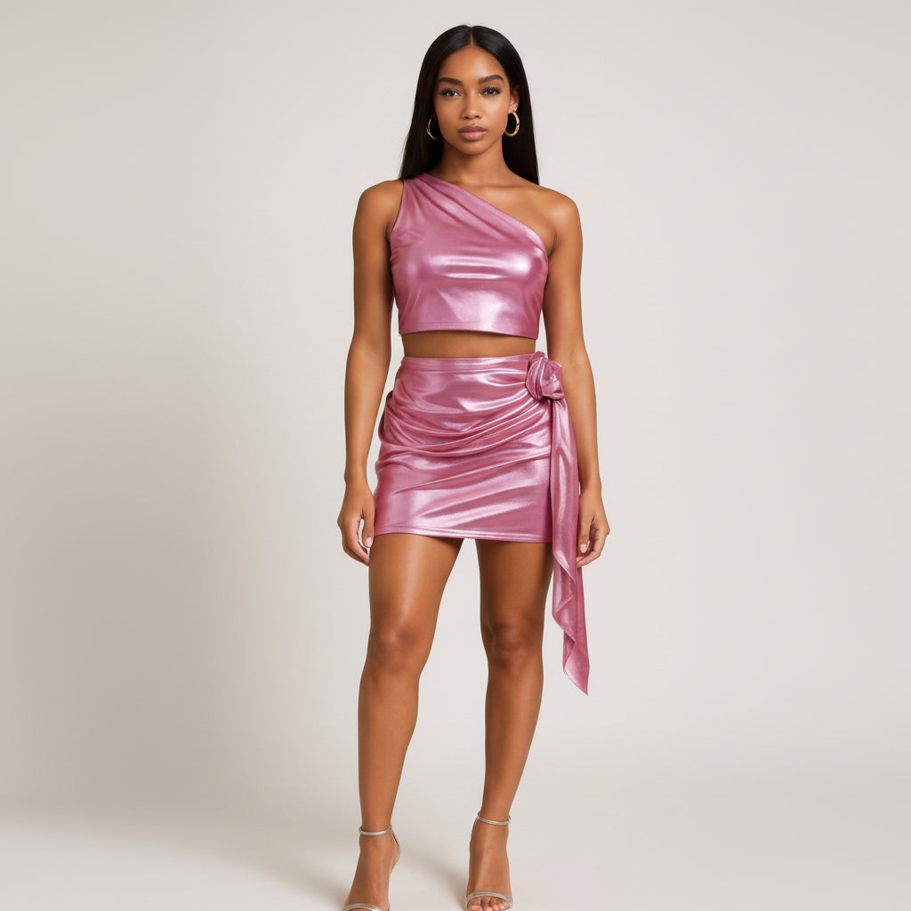 Metallic One-Shoulder Crop & Mini Set